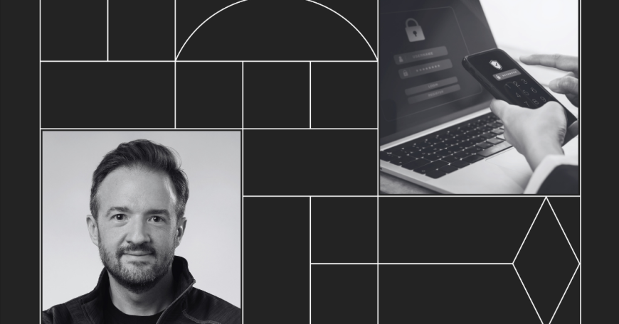Graphic with headshot photo Bartley Richardson and a photo of a person's hand holding a locked phone in front of an open laptop.