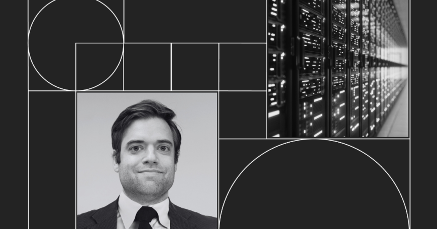 Graphic with headshot photo of Petar Kramaric and a photo of cloud storage.