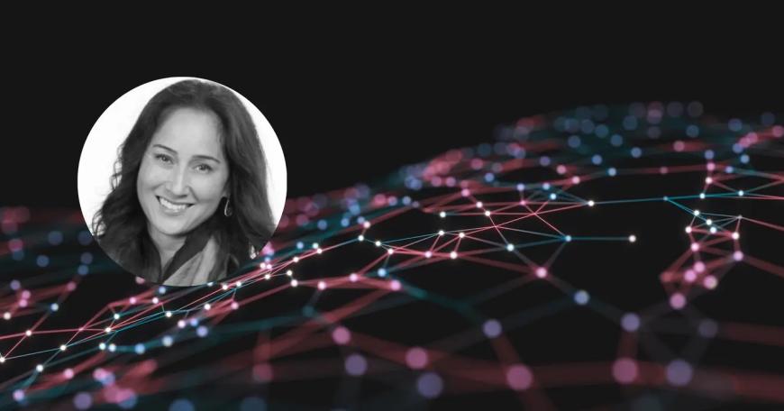 Graphic with headshot photo of Cynthia Breazeal against a background meant to represent digital connections.