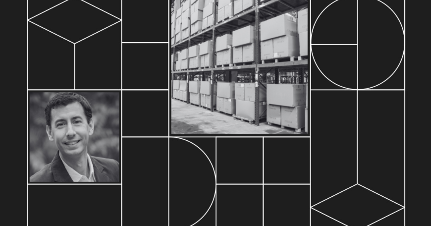 Promotional graphic with headshot of Ignacio Cabrera and a photo of a warehouse shelf stacked with dozens of large cardboard shipping boxes.