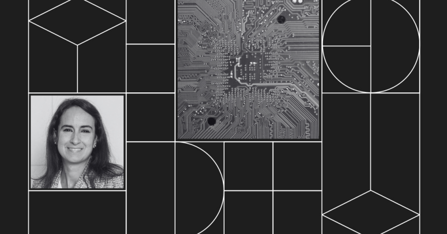 MIT Horizon graphic with headshot photo of Esperanza Cuenca-Gómez and a photo of a computer chip.