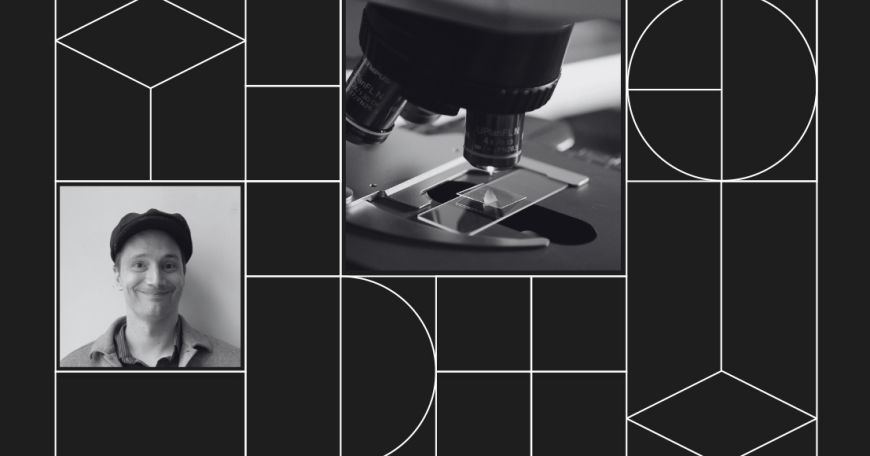 Collage with two photos: on the left, a headshot of Stanley Bishop; on the right, a closeup microscope examining a specimen.