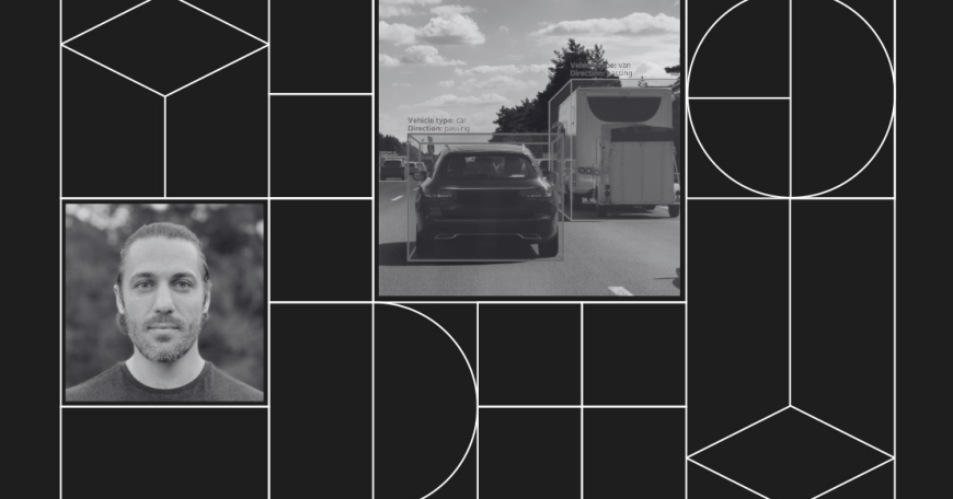 Collage with headshot photo of Tristan Swedish and photo of the rear-view of a car and a box truck on a road.