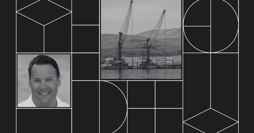 Collage with headshot of Patrick Penfield and a photo of cranes unloading dozens of shipping containers by the ocean.