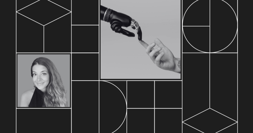 Collage with headshot photo of Catharina Doria and a photo of a robot hand reaching out to a human hand.