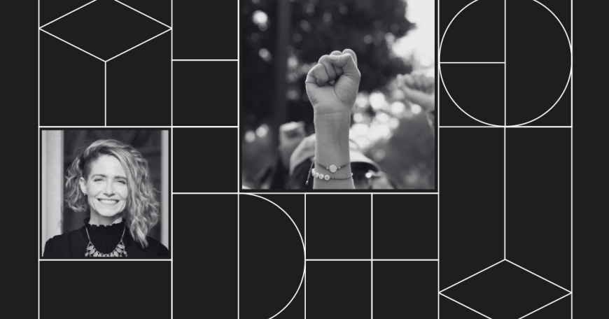 Collage with headshot photo of Catherine D’Ignazio and a photo of a fist held up in the air.