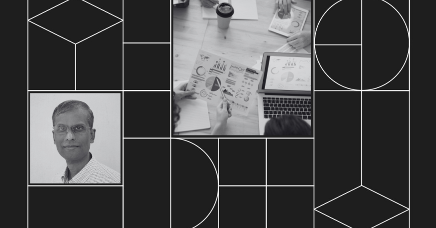 Collage with headshot photo of Ashok Kalidas and a photo of a hands pointing to graphs on a piece of paper next to a laptop displaying more graphs.
