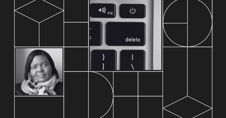 Collage with headshot photo of Debbie Reynolds and photo of the Delete button on a keyboard.