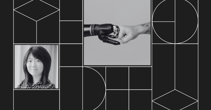 Collage with headshot photo of Faye Wu and photo of a robot hand fist bumping a human hand.