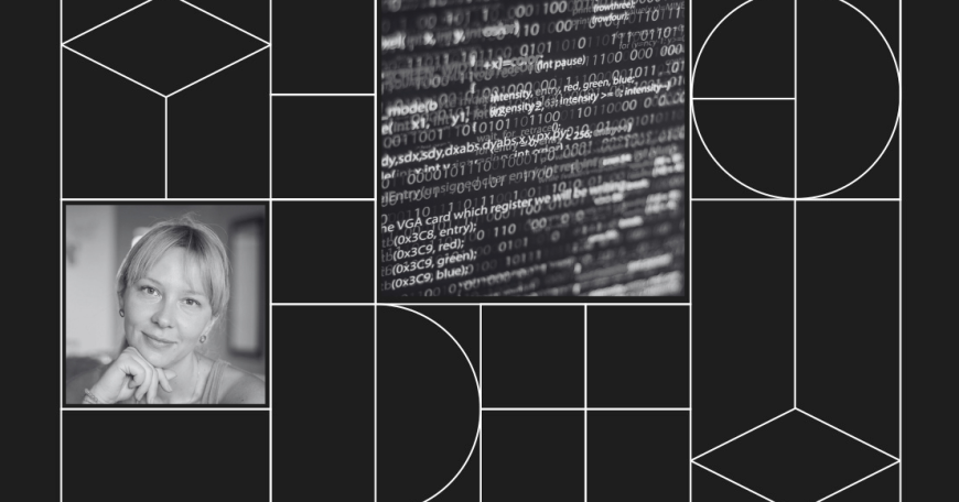 Collage with headshot photo of Aleksandra Przegalińska and photo of a screen displaying code.