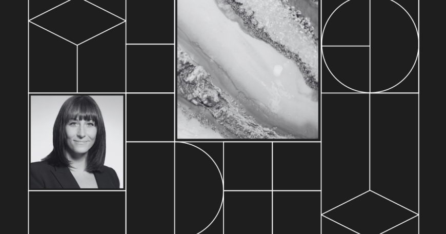 Collage with headshot photo of Megan O'Connor and photo of metal refining.