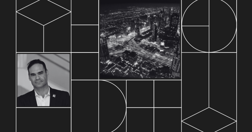 Collage with headshot photo of Luis Alonso and a photo of a city.