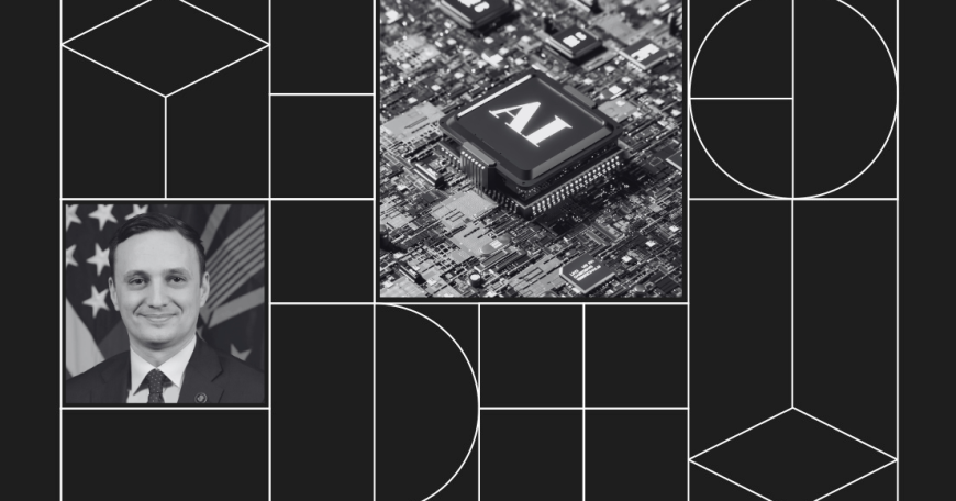 Collage with headshot photo of Nicolas Chaillan and a computer chip labeled AI.