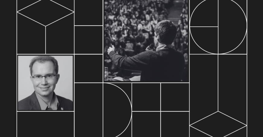 Collage with a headshot photo of David Bray and a photo of a public speaker in front of a crowd.