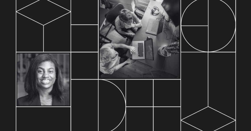 Collage with a headshot photo of Raechel Walker and a photo of multiple people working on laptops.