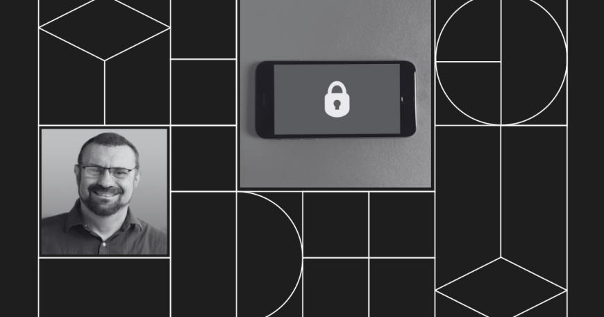 Collage with a headshot photo of a man with a beard wearing glasses and a phone with a lock symbol.