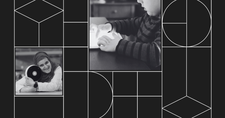 Collage with a headshot photo of Sharifa Alghowinem and a photo of a child using a glowing iPad.