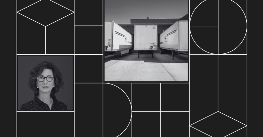 Collage with a headshot photo of Heidi Wyle and a photo of three industrial box trucks.