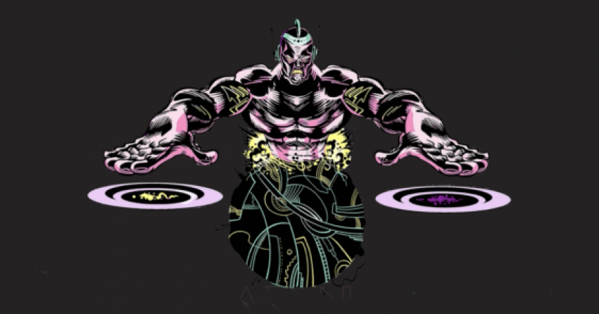 Cartoon of muscly DJ superhero/mutant spinning two records at once