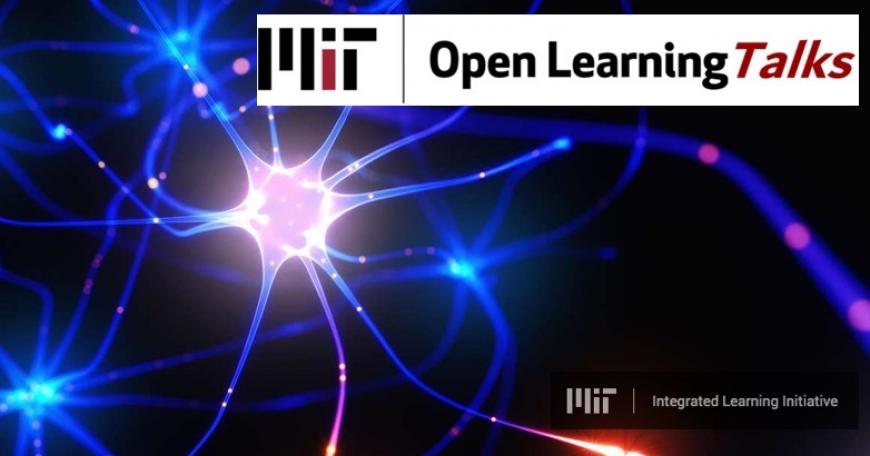 Image of a neuron with the MITili, MIT, and Open Learning Talks logos overlaid