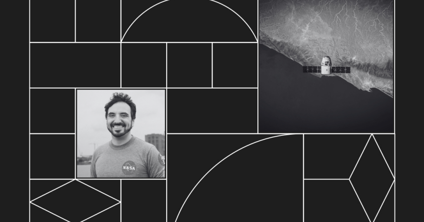 Headshot photo of a man wearing a NASA t-shirt with an background photo of a space satellite.