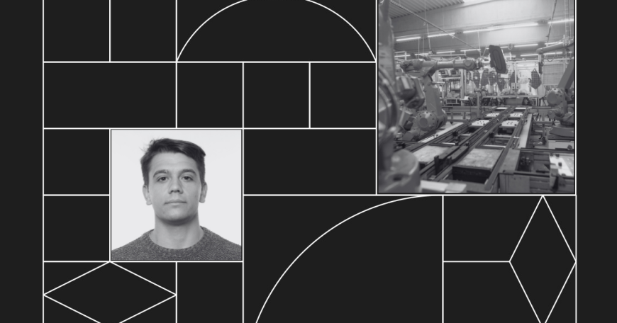 Headshot photo of a man with a background photo of a 3D printer.