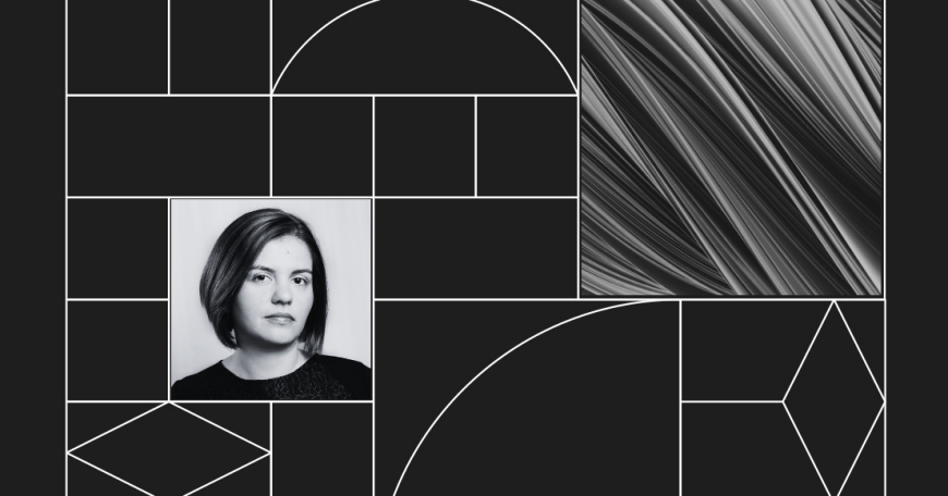 Headshot photo of a business woman with an illustrated background.