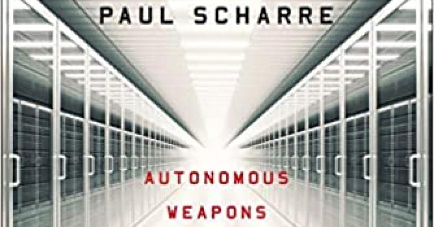 An empty hallway with the text "Paul Scharre" on top and "autonomous weapons" on the bottom.