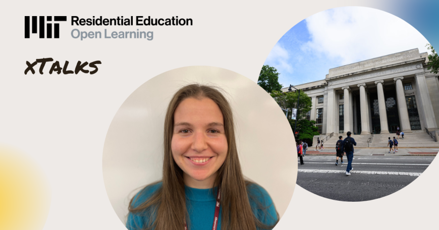 Logo of Residential Education xTalks; Headshot of Shams El-Adawy, and image showing MIT Building 7 from across the street