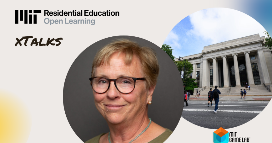 Headshot of Jane Abbott and image of MIT main entrance and MIT Game Lab logo