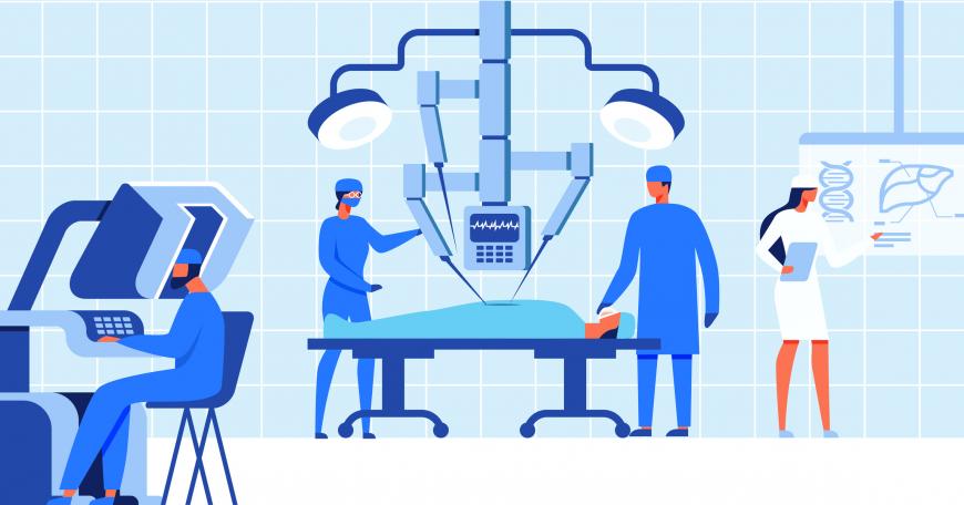 Four doctors overseeing a surgery using computers