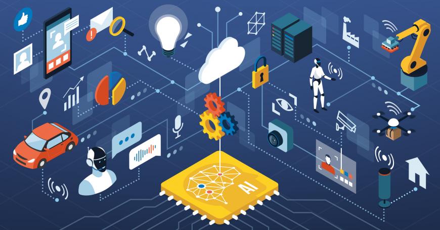 AI computer chip in the center with multiple lines connecting to its applications, such as car self-diagnostics, social media, cloud computing, security, and manufacturing.