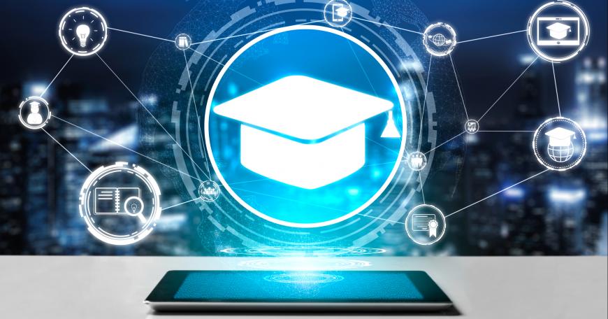 Image of a phone with a hologram of a graduation cap with lines connected to a degree, a notebook with a magnifying glass, a lightbuilb, and a globe.