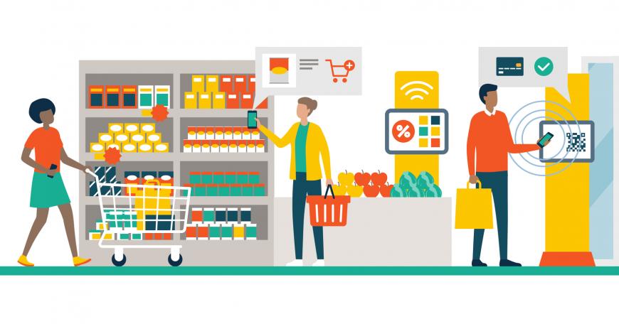 People doing grocery shopping at the supermarket and buying products, they are checking offers using augmented reality apps on their phones and paying with mobile payment