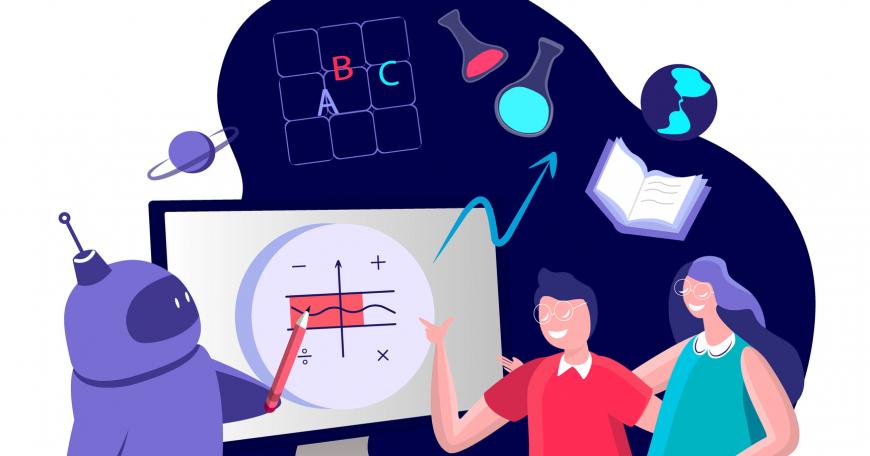 Robot teaches two children with a computer screen