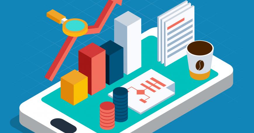 Phone displaying an upwards arrow, a bar graph, poker chips, some papers, and a coffee.