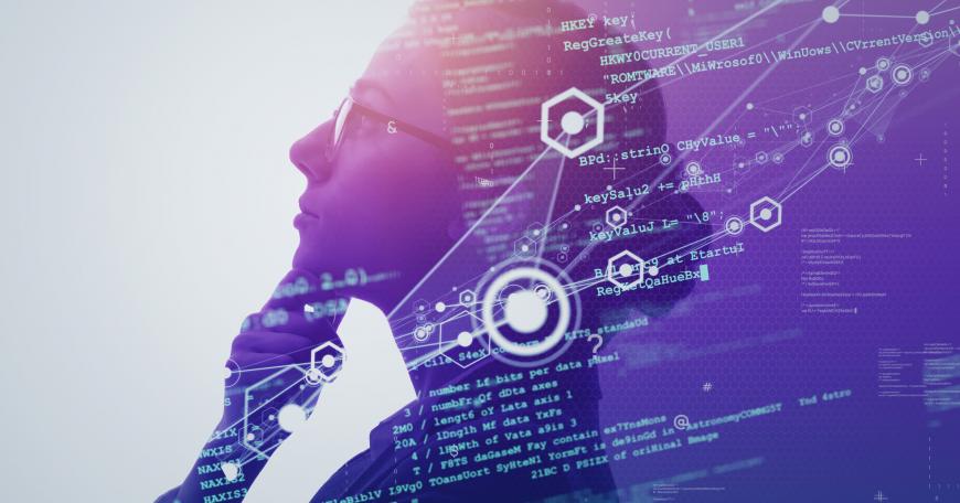 Woman surrounded by computer code