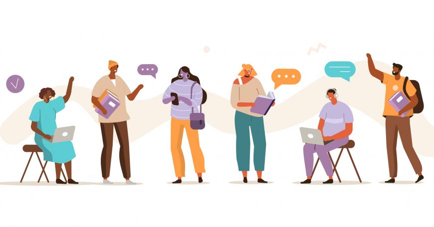 Six people of diverse identities holding laptops, phones, and books