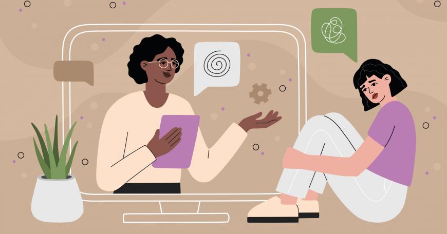 Smiling woman holds a clipboard on a computer screen while saying something soothing. Teenage girl sits next to computer with her arms tucked around her legs, talking about something that has made her uneasy. Image Credit: Alisa Zahoruiko on iStock.