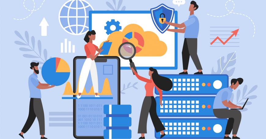 Man on the left holds a pie chart. Woman stands on smartphone displaying a graph and holds clipboard in her hand. Woman in the center holds magnifying glass up to computer cloud storage. Man in the center holds security shield lock while standing on computer servers. Man on the right sits while working on laptop. Image Credit: girafchik123 on iStock.