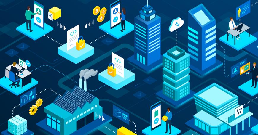 Various uses of blockchain technology, including cryptocurrency and verification, in personal settings, businesses, factories, transportation, hospitals, stores, and more.