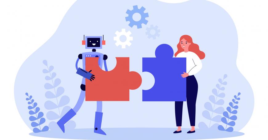 A robot and a woman hold up interlocking puzzle pieces between them.