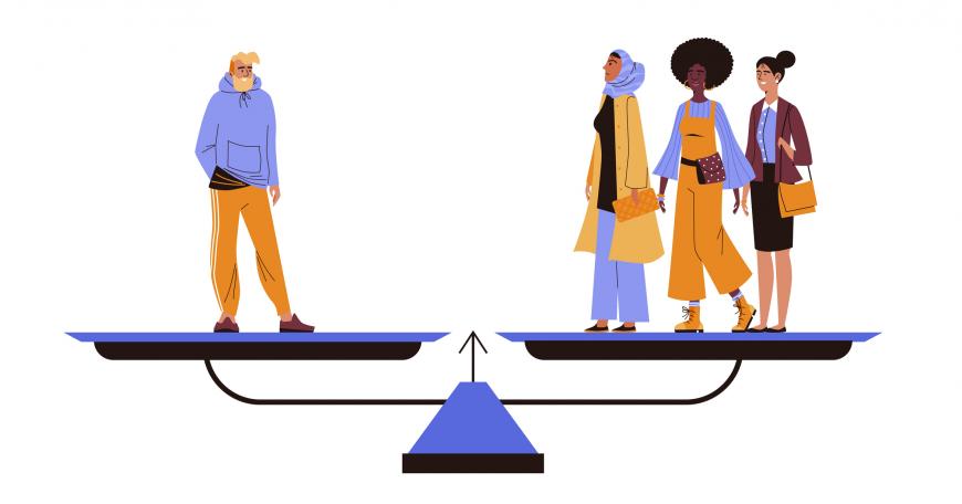 Three women of color stand on the right side of the scale. One white man stands on the left side of the scale, implying that he alone is given more "weight" than the 3 women.