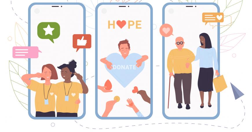 Three phones side by side. First displays two girls volunteering with 3 notifications above them. Second shows the word "hope" above a heard that says "donate" and hands offering money, hearts, and blood. Final phones shows a woman help an elderly man walk with 2 notifications over them.