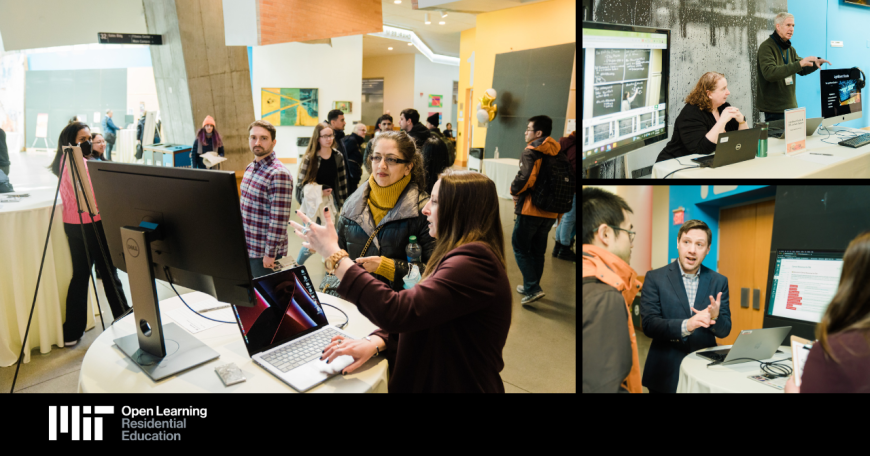 Residential Education team members stand at their tables to display resources and share information about Canvas resources, lightboard, and lecture capture