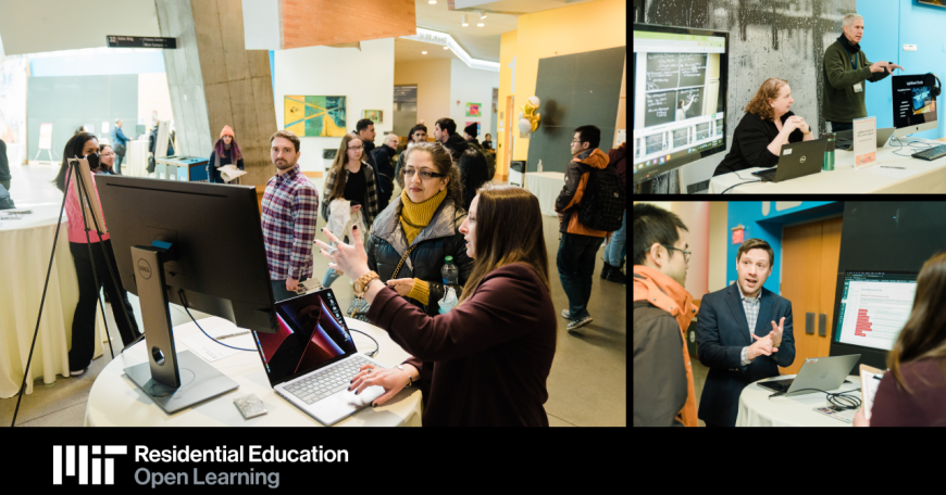 Residential Education team members stand at their tables to display resources and share information about Canvas resources, lightboard, and lecture capture