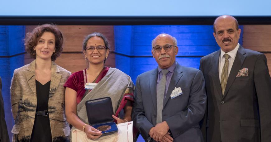 Left to right: Audrey Azoulay, director-general, UNESCO; Professor Padma Sarangapani, chairperson, Center for Education Innovation and Action Research, Tata Institute of Social Sciences; Vijay Kumar, associate dean for open learning and PI of CLIx; and H.E. Majed Bin Ali Al-Noaimi, minister of education of the Kingdom of Bahrain.