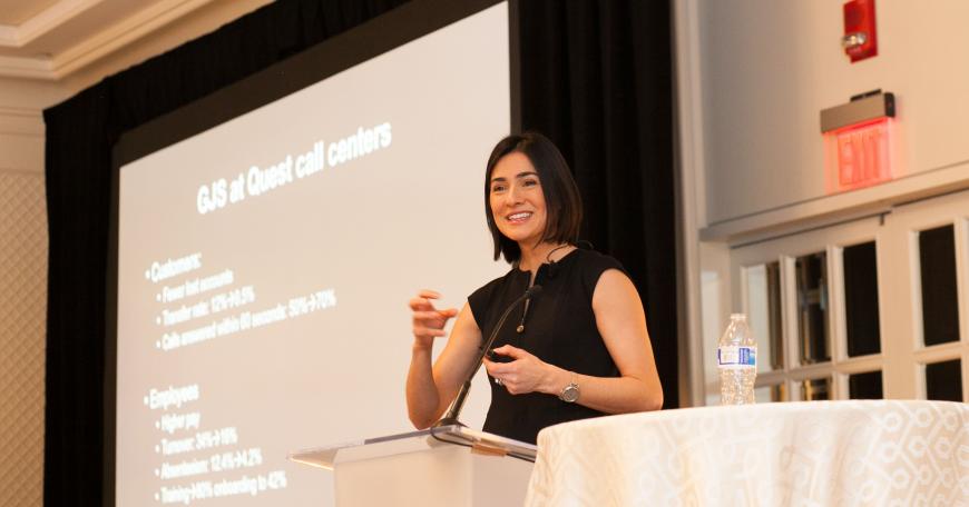 Zeynep Ton, an adjunct associate professor at the MIT Sloan School of Management, speaking at the recent 2018 MIT Sustainability Summit, held March 9.