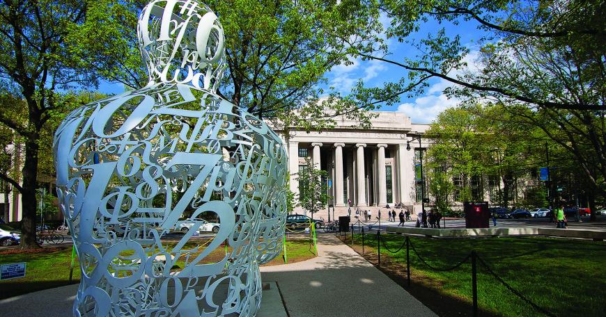 "The Alchemist" by Jaume Plensa sits on the campus of MIT