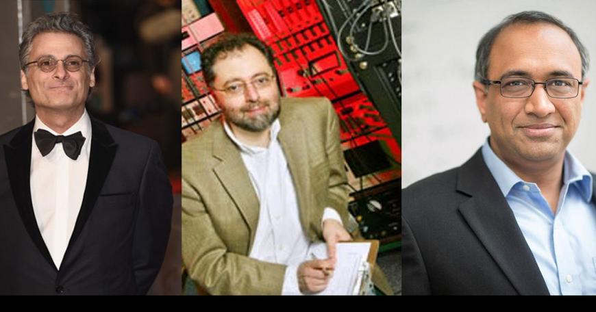 Guests speakers at a recent MIT Open Learning AR/VR Symposium were: (clockwise from top left) MIT Professor Fox Harrell; director Shekhar Kapur; Berklee College of Music professor Susan Rogers; sound designer Mark Mangini; Princeton University Professor Edgar Choueiri; and MIT Vice President for Open Learning Sanjay Sarma.